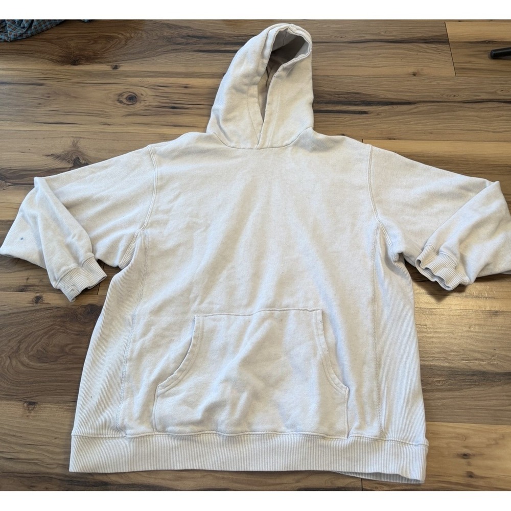 Aerie‎ Hoodie Medium Cream LOVE Patch Pullover Distressed Cozy Oversized READ